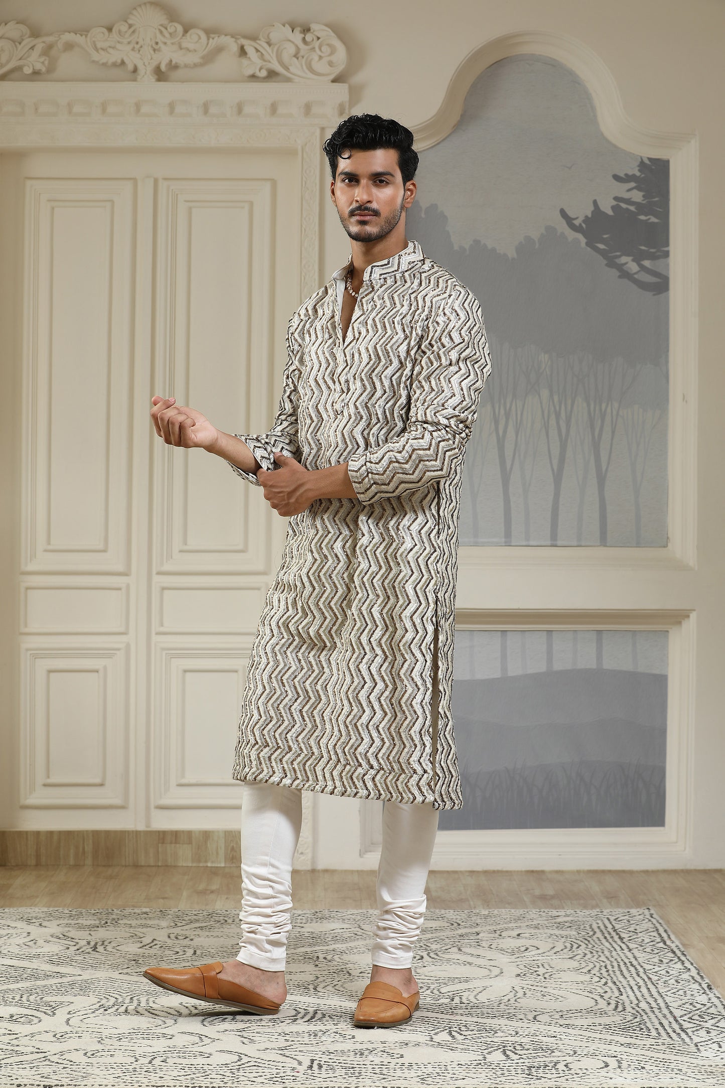 Cream Georgette & Cotton Lycra Resham Work  Casual Kurta Set