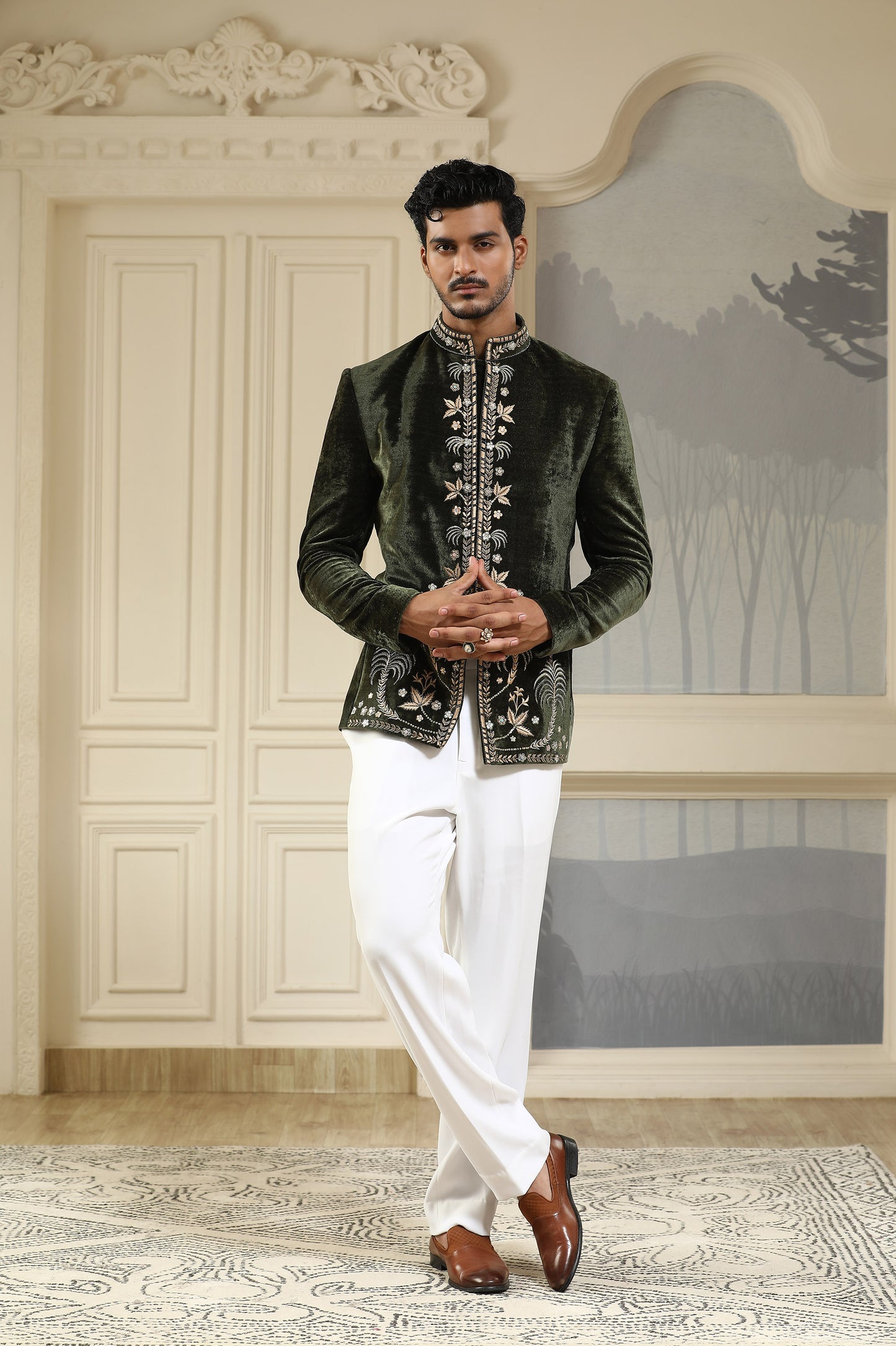 Shahi Baagh - Green Velvet & Italain Viscose Cutdana Work Mehendi Bandhgala Set