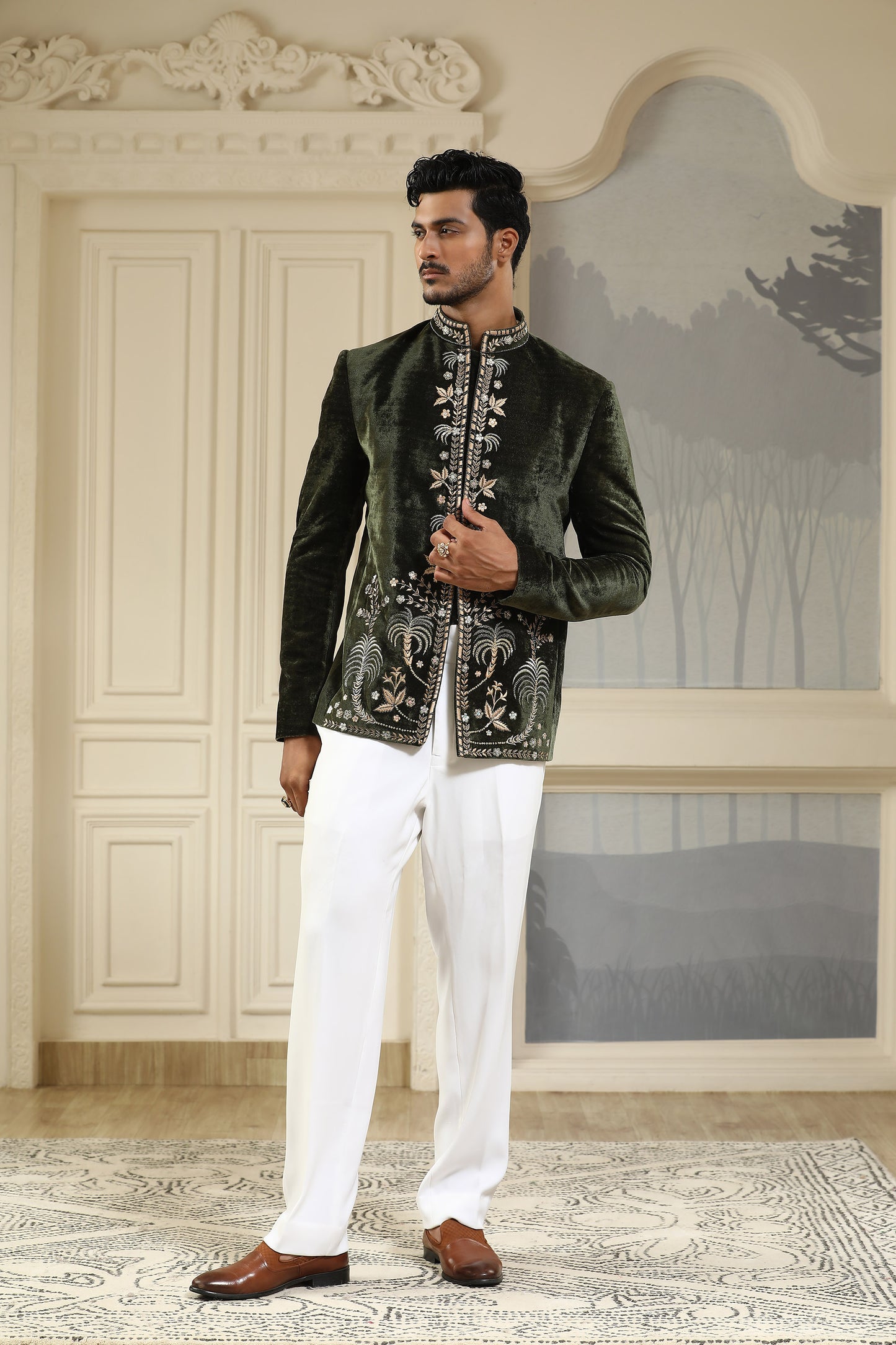 Shahi Baagh - Green Velvet & Italain Viscose Cutdana Work Mehendi Bandhgala Set