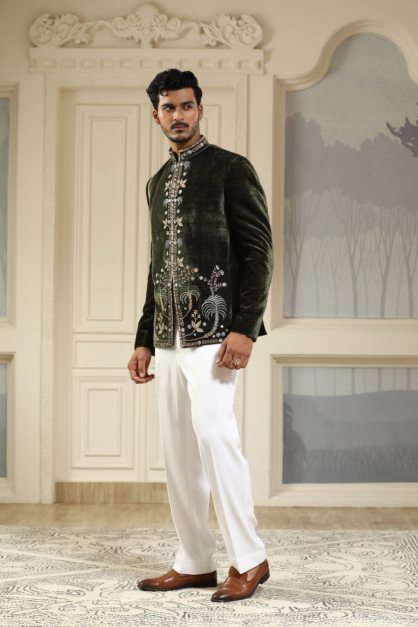 Shahi Baagh - Green Velvet & Italain Viscose Cutdana Work Mehendi Bandhgala Set