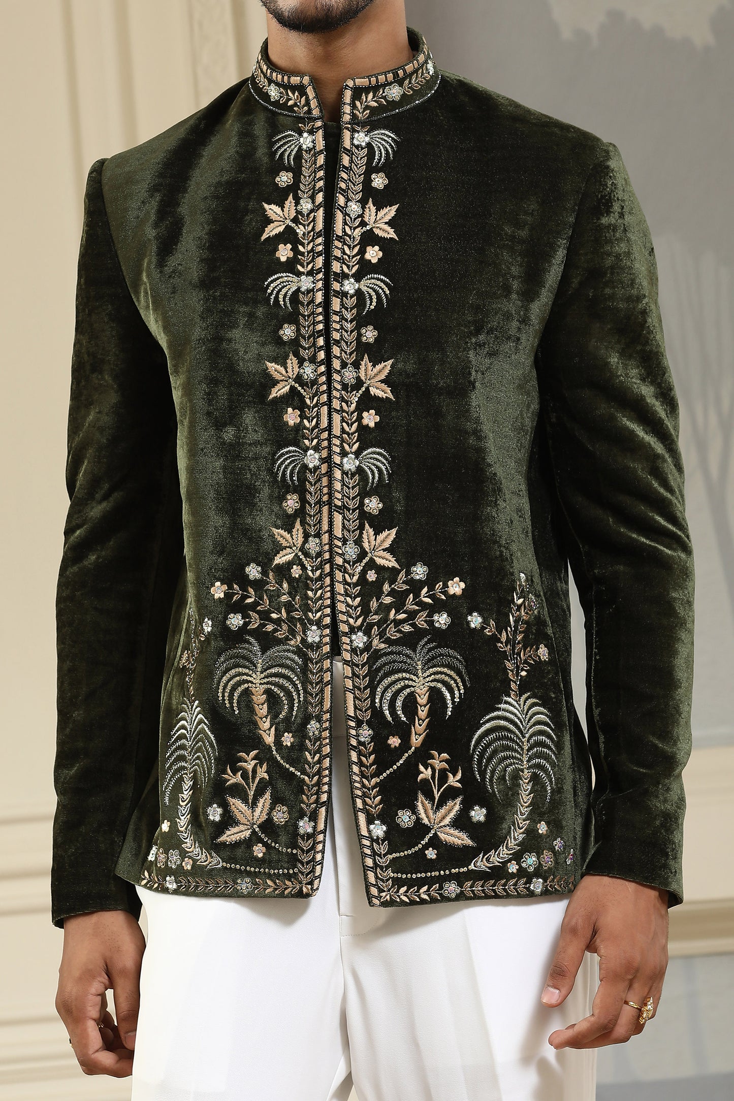 Shahi Baagh - Green Velvet & Italain Viscose Cutdana Work Mehendi Bandhgala Set