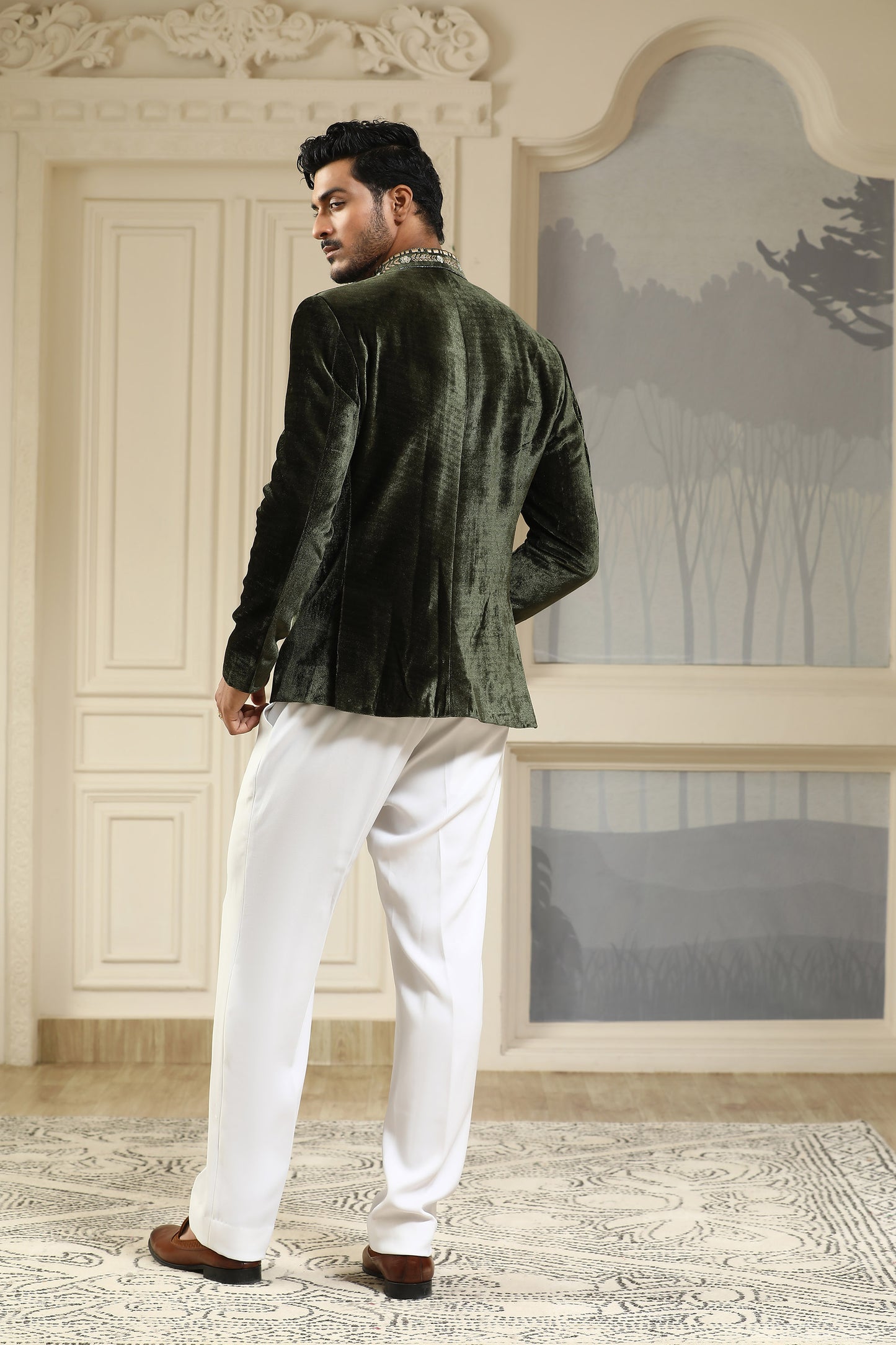 Shahi Baagh - Green Velvet & Italain Viscose Cutdana Work Mehendi Bandhgala Set