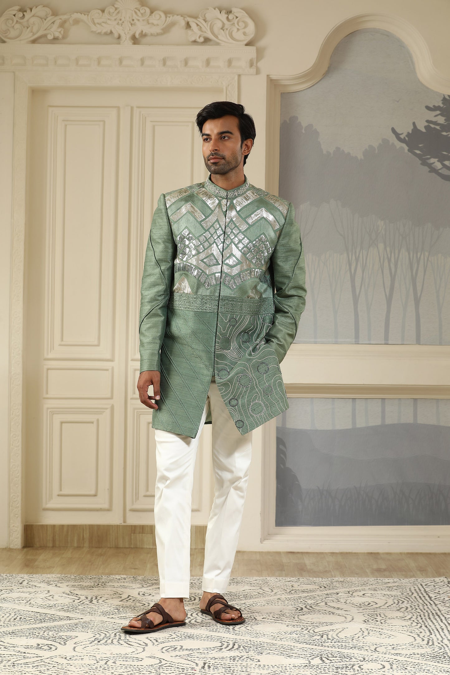 Green Silk & Cotton Lycra Sequins & Dori Embroidered Indo Western Set
