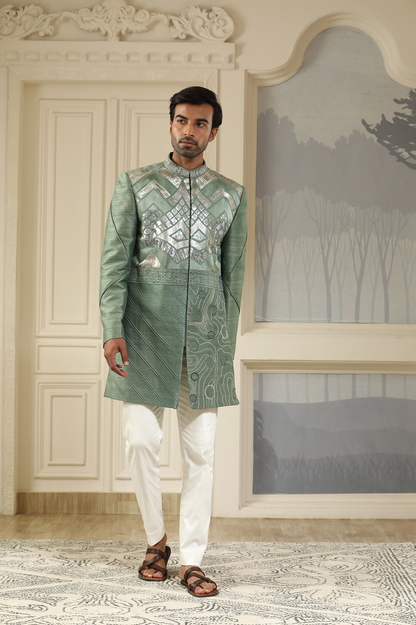 Green Silk & Cotton Lycra Sequins & Dori Embroidered Indo Western Set