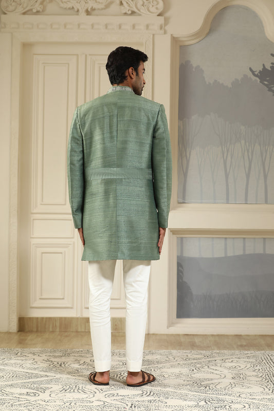 Green Silk & Cotton Lycra Sequins & Dori Embroidered Indo Western Set