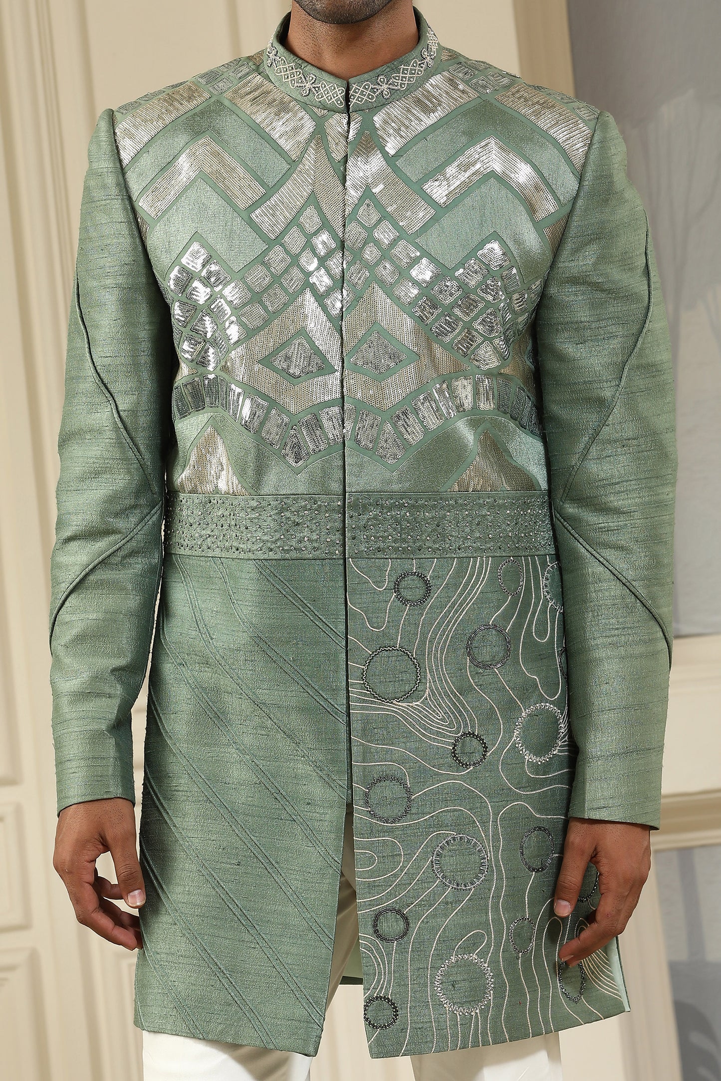 Green Silk & Cotton Lycra Sequins & Dori Embroidered Indo Western Set