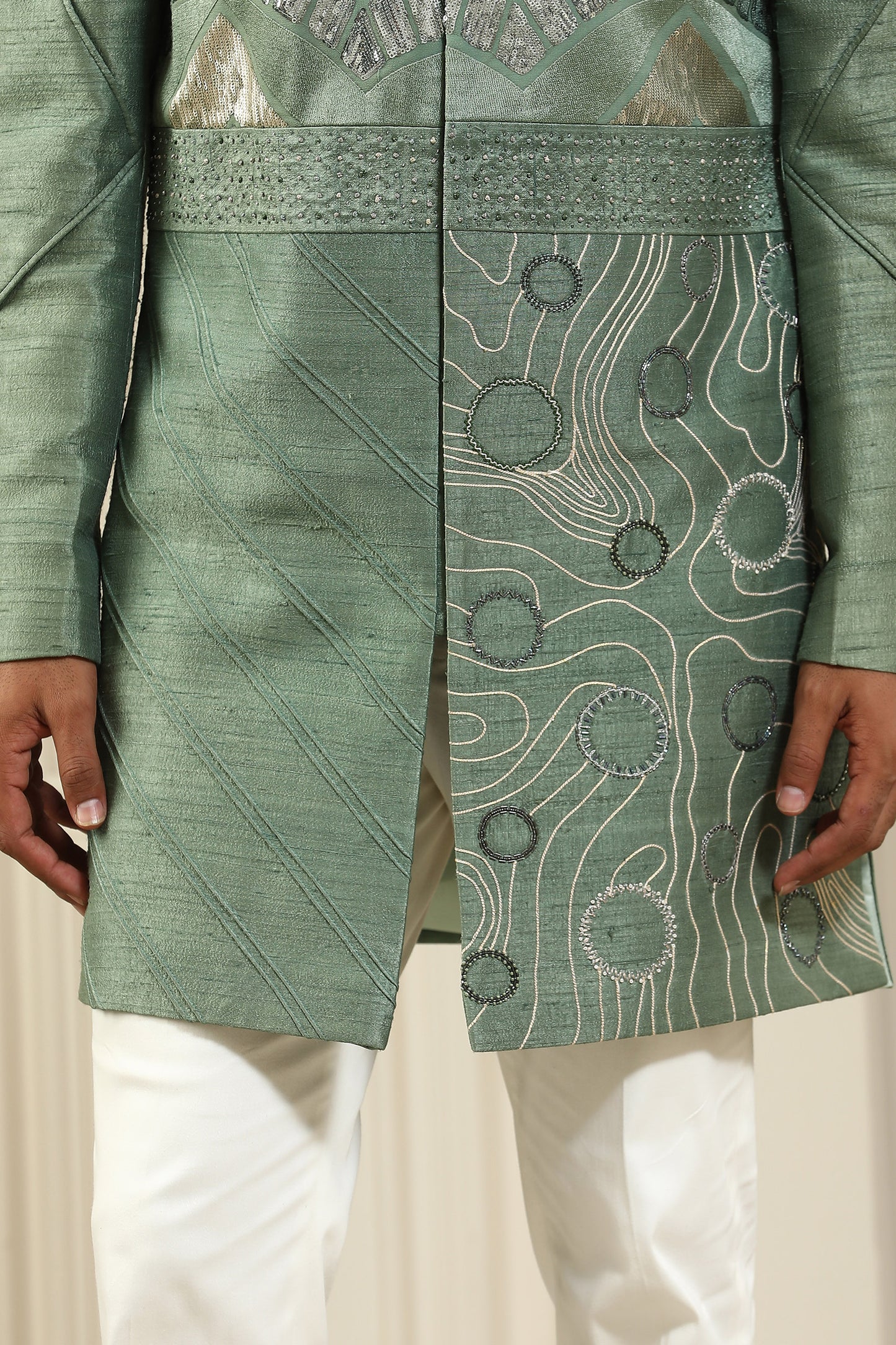 Green Silk & Cotton Lycra Sequins & Dori Embroidered Indo Western Set