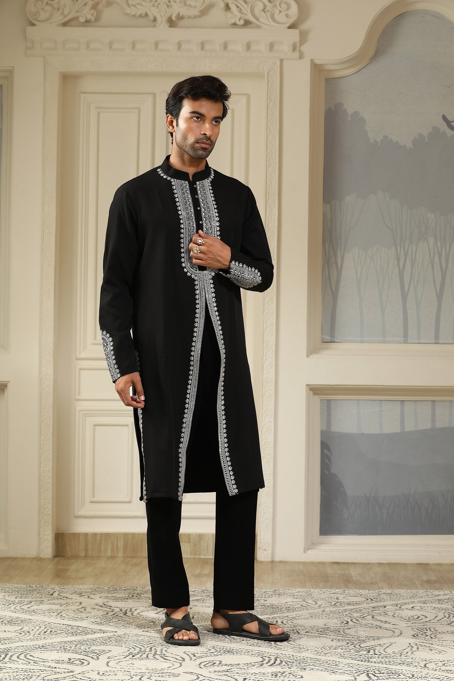 Black Italian Visciose V Cut Resham Embroidered Kurta Set