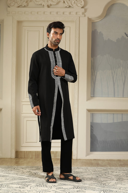 Black Italian Visciose V Cut Resham Embroidered Kurta Set