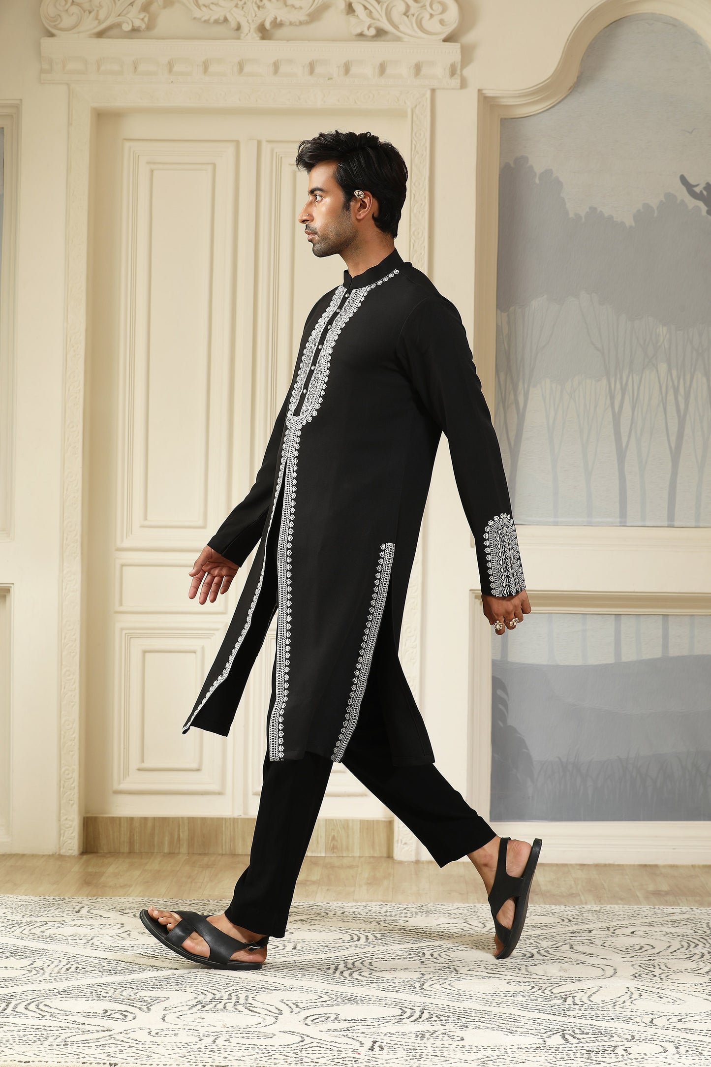 Black Italian Visciose V Cut Resham Embroidered Kurta Set