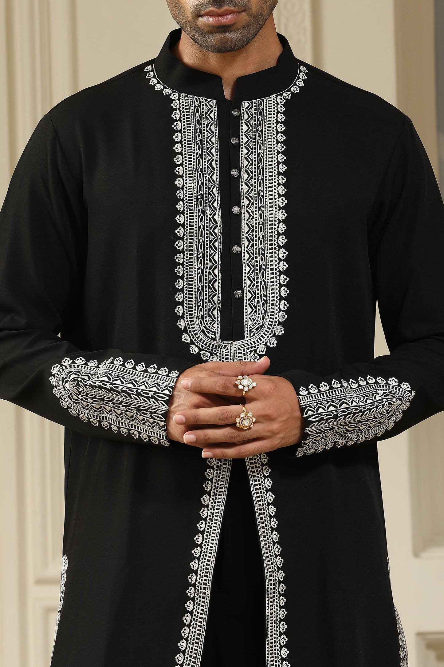 Black Italian Visciose V Cut Resham Embroidered Kurta Set