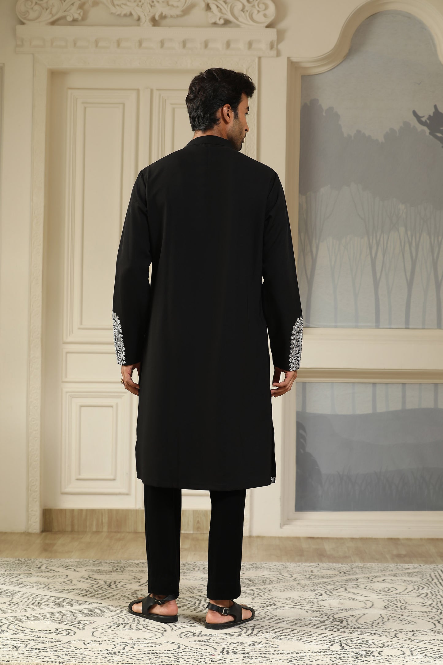 Black Italian Visciose V Cut Resham Embroidered Kurta Set