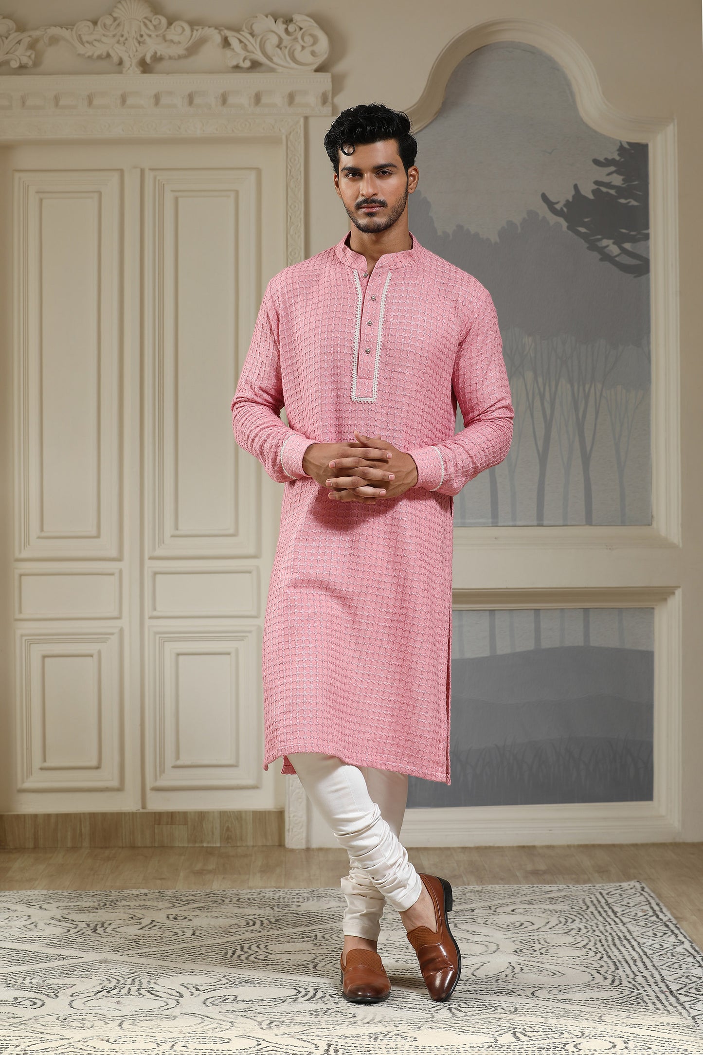 Pink Silk & Cotton Lycra Quilted Baagh Festive Nehru Jacket Set