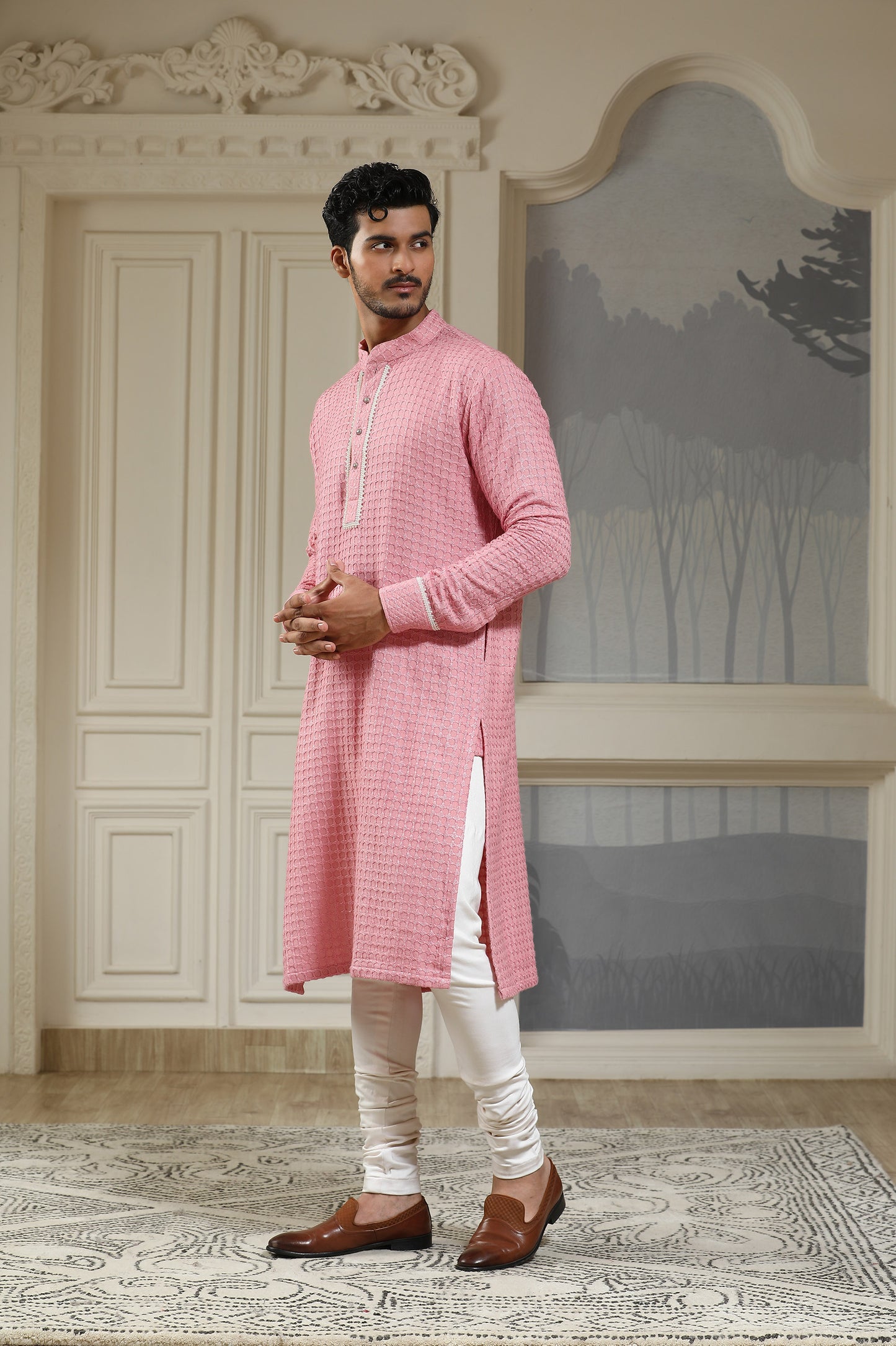 Pink Silk & Cotton Lycra Quilted Baagh Festive Nehru Jacket Set