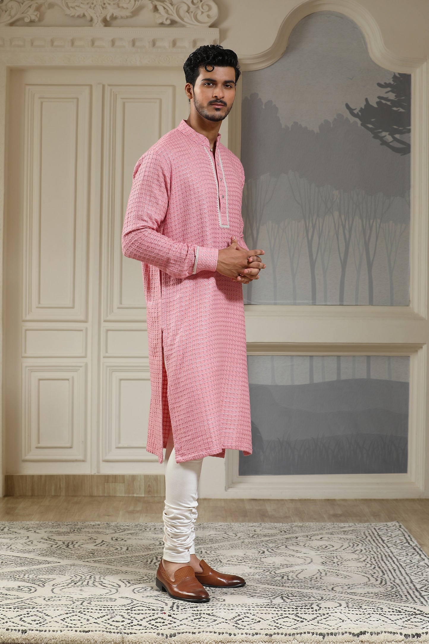 Pink Cotton & Georgette Pearl Embroidered Texxtured Festive Kurta Set