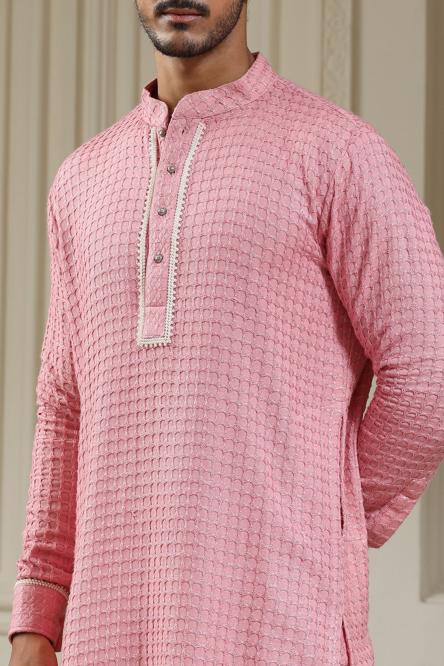 Pink Cotton & Georgette Pearl Embroidered Texxtured Festive Kurta Set
