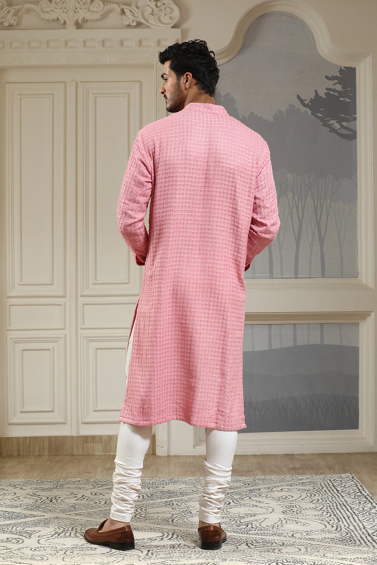 Pink Cotton & Georgette Pearl Embroidered Texxtured Festive Kurta Set