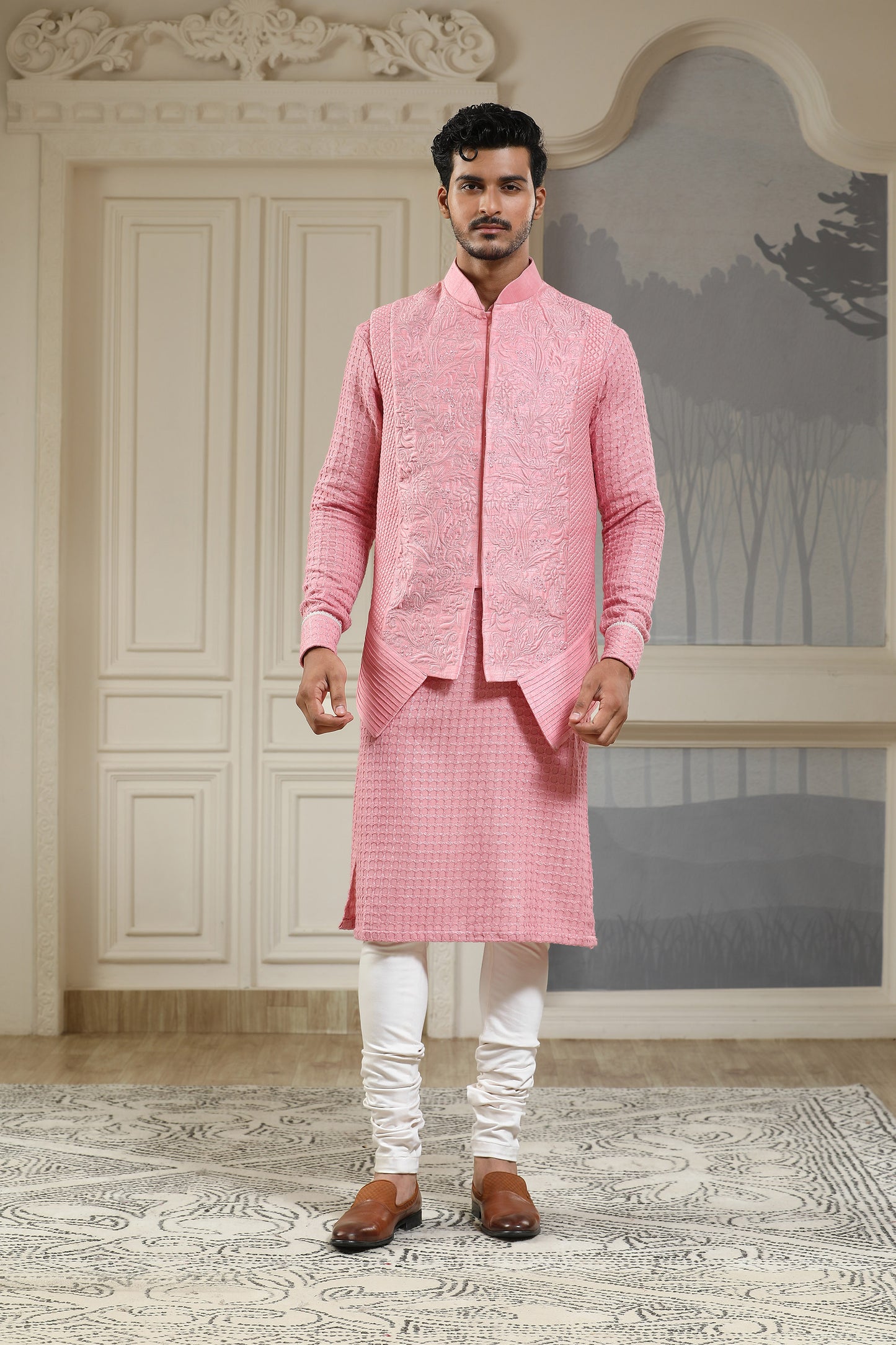 Pink Silk & Cotton Lycra Quilted Baagh Festive Nehru Jacket Set