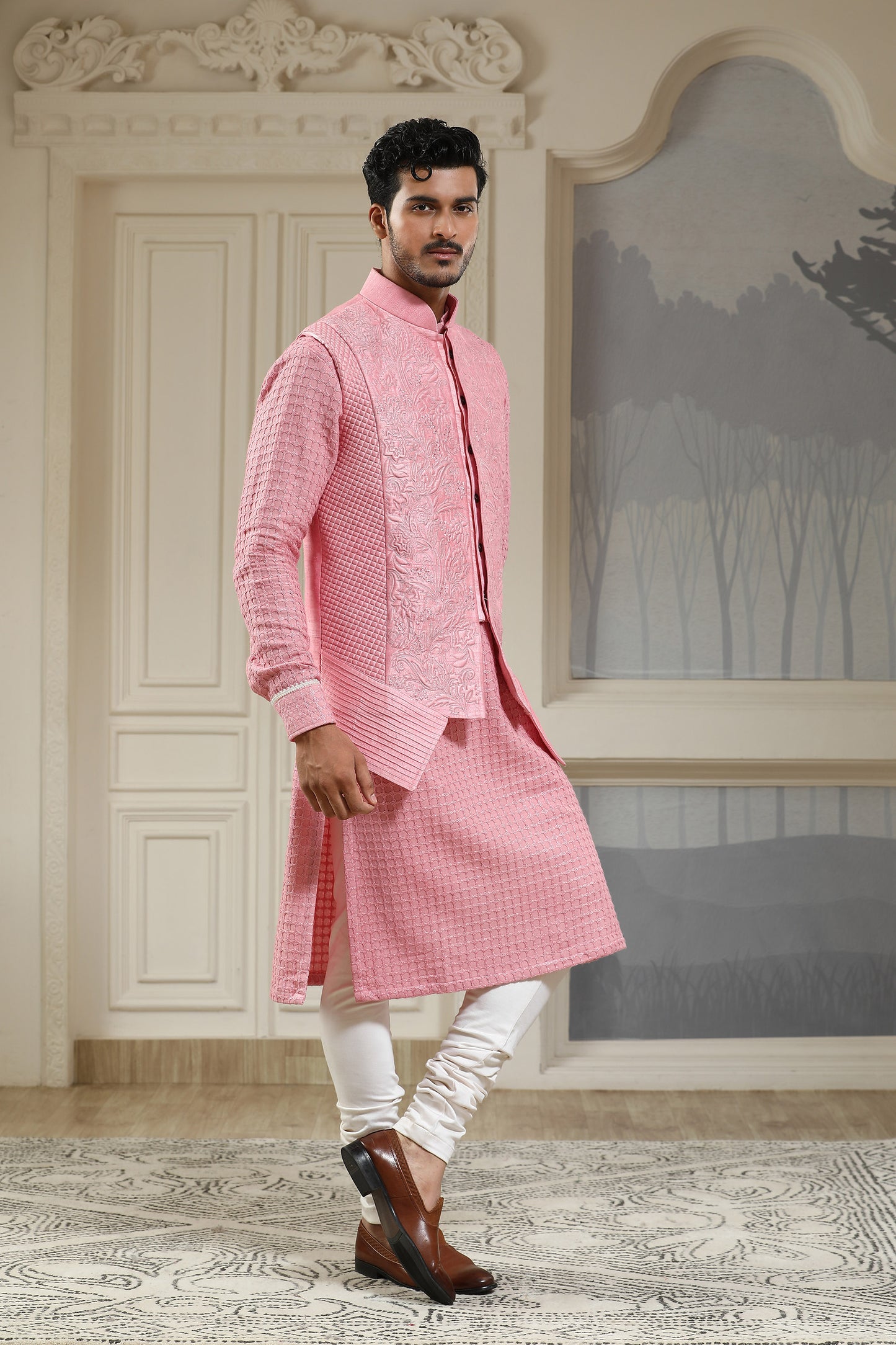 Pink Silk & Cotton Lycra Quilted Baagh Festive Nehru Jacket Set