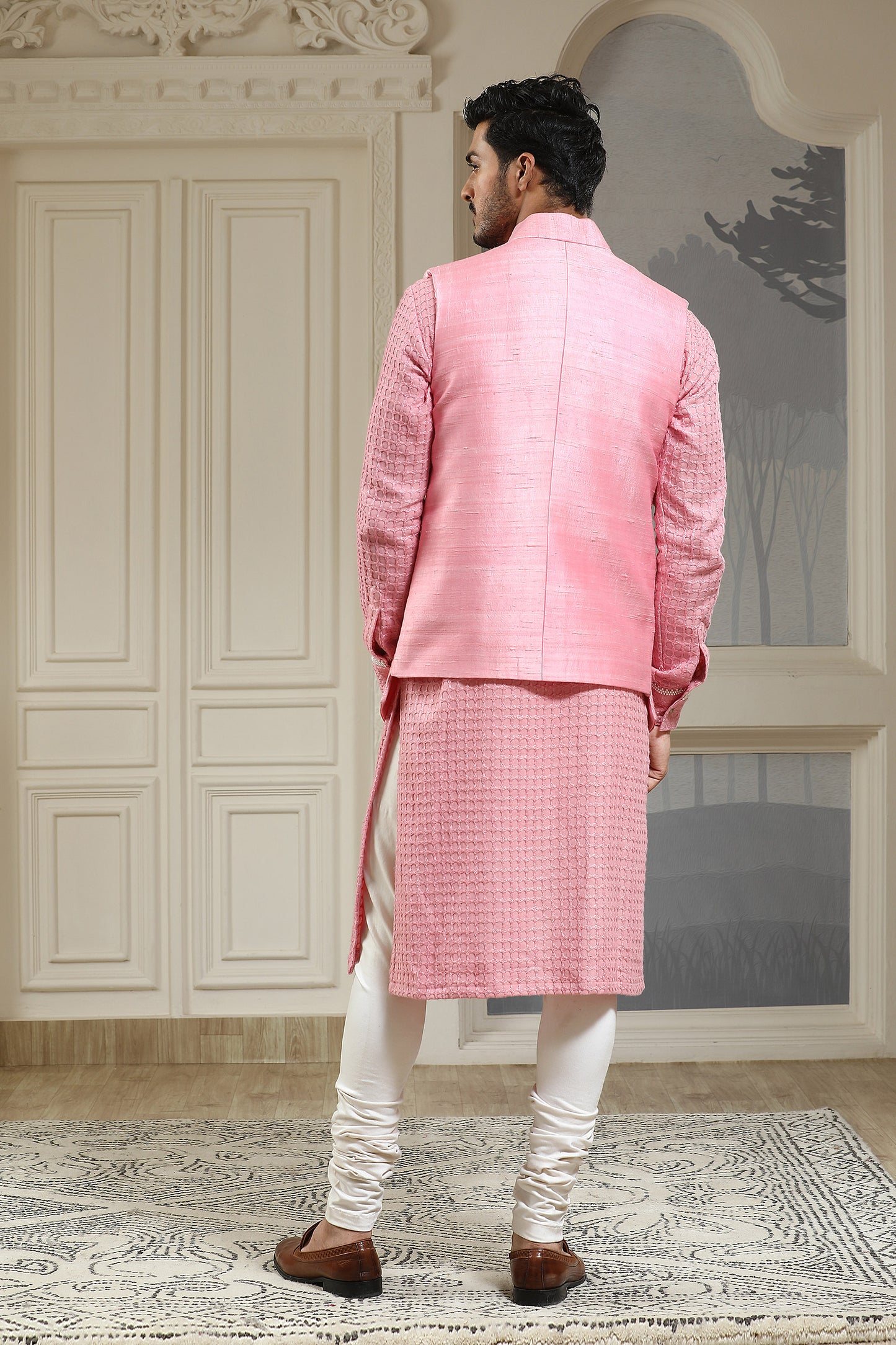 Pink Silk & Cotton Lycra Quilted Baagh Festive Nehru Jacket Set