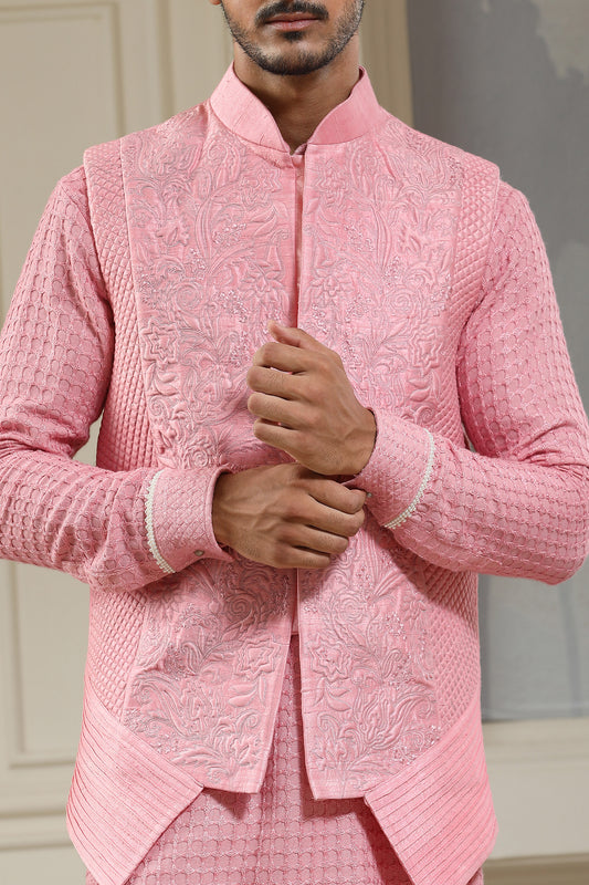 Pink Silk & Cotton Lycra Quilted Baagh Festive Nehru Jacket Set