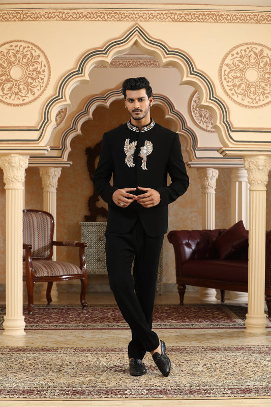 Baadal Paar - Black Italian Viscose Dabka, Zari Embroidered Bandhgala Set