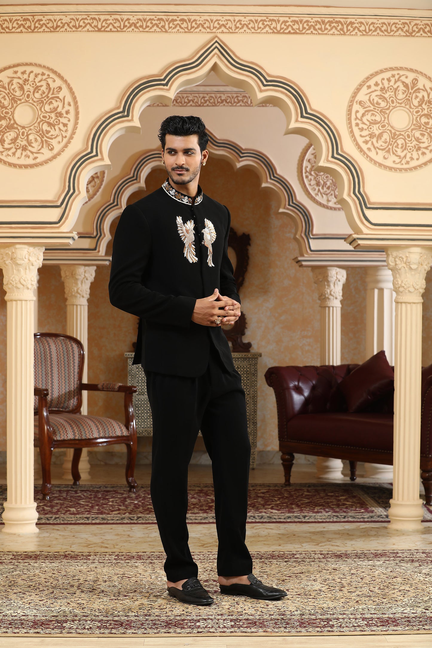 Baadal Paar - Black Italian Viscose Dabka, Zari Embroidered Bandhgala Set