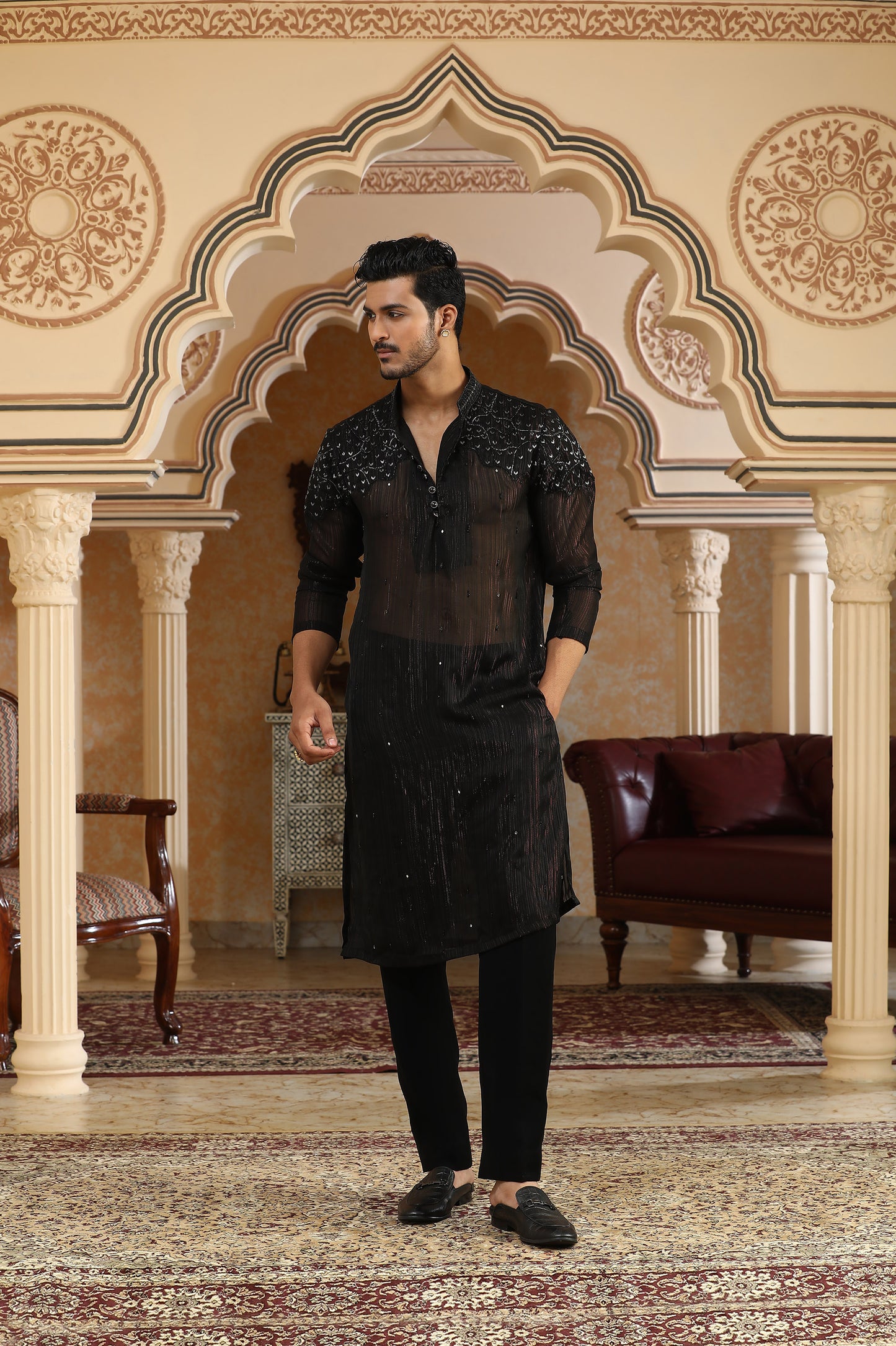 Black Chiffon Georgette Cutduna & Zari Embroidered Party Wear Kurta