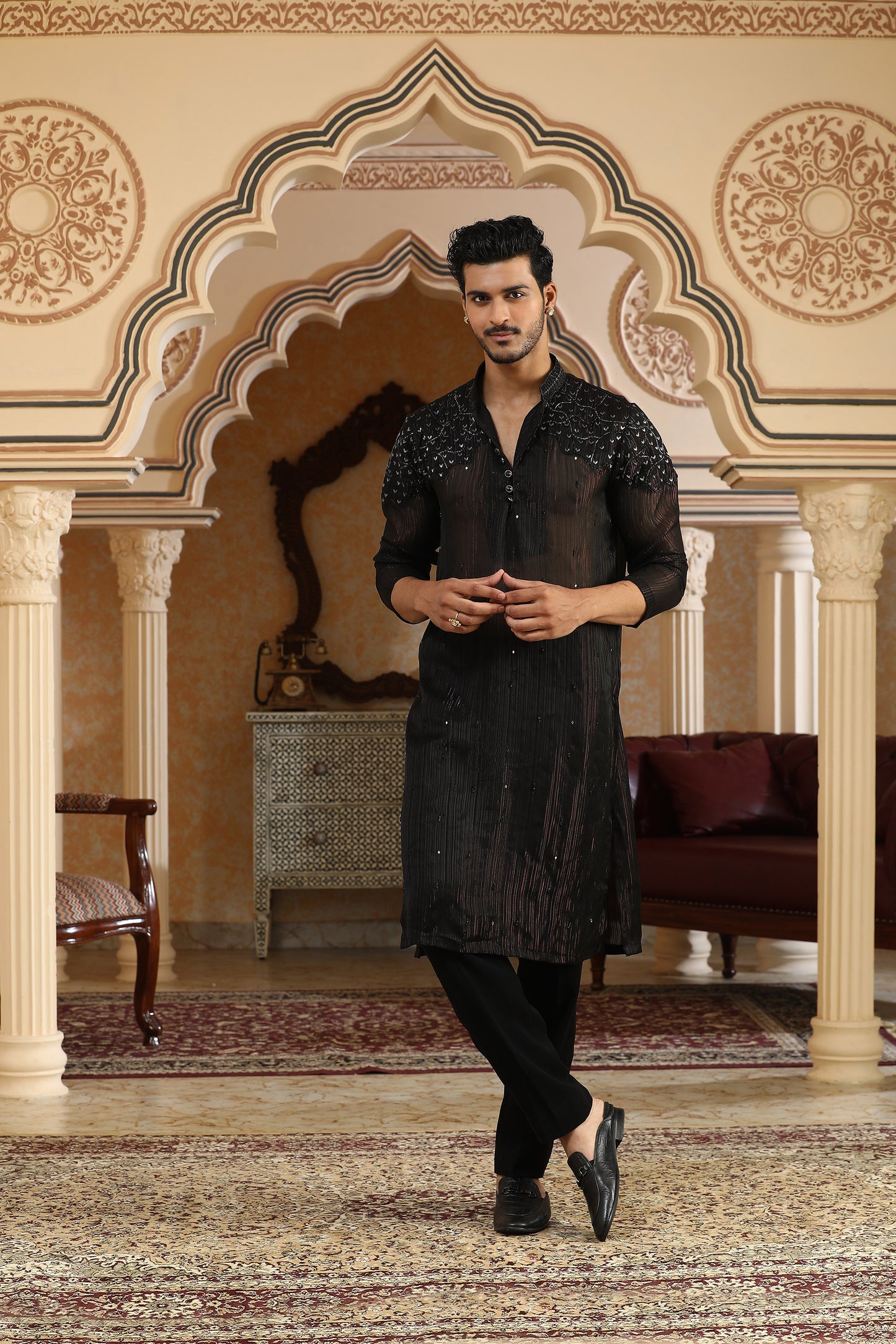 Black Chiffon Georgette Cutduna & Zari Embroidered Party Wear Kurta