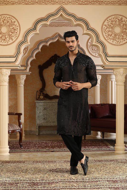 Black Chiffon Georgette Cutduna & Zari Embroidered Party Wear Kurta