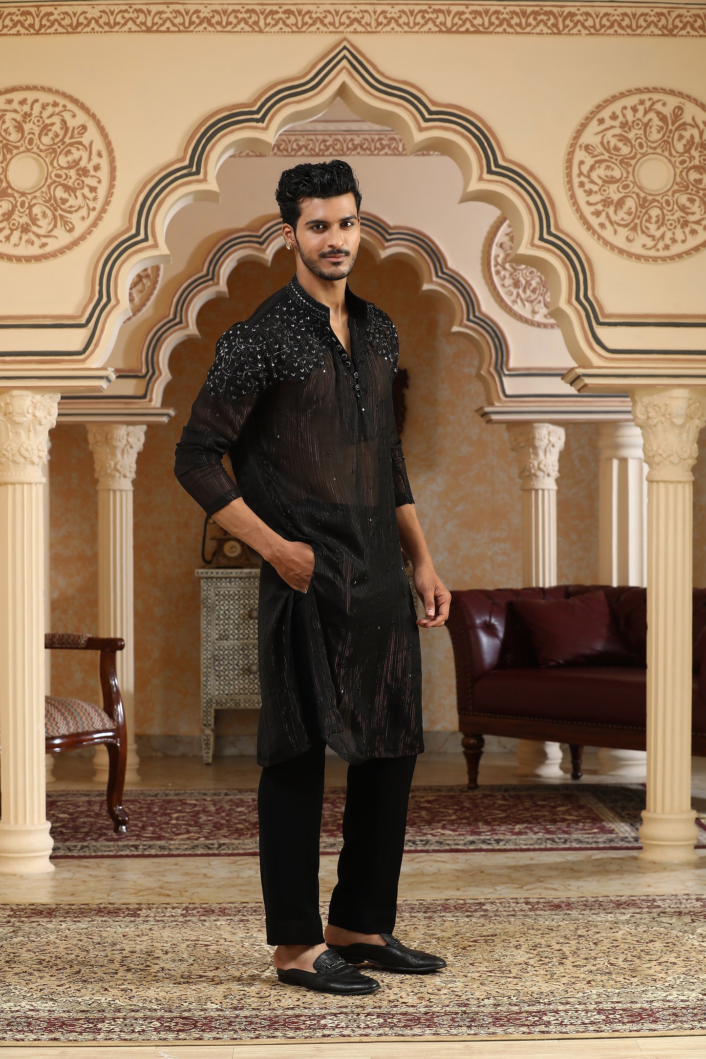 Black Chiffon Georgette Cutduna & Zari Embroidered Party Wear Kurta