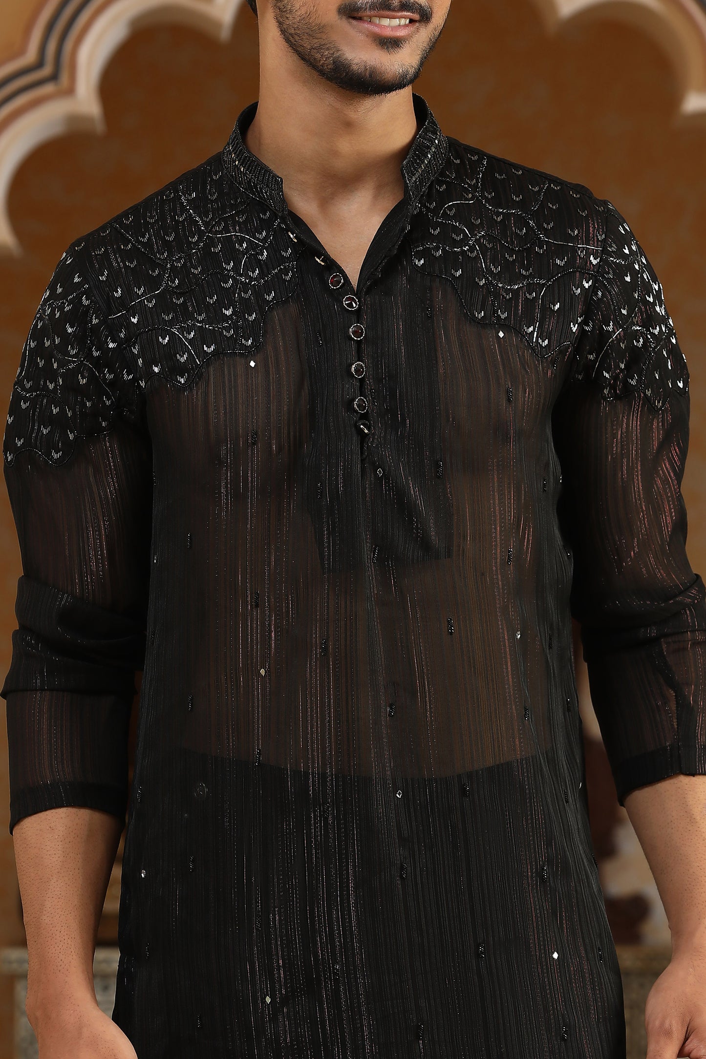 Black Chiffon Georgette Cutduna & Zari Embroidered Party Wear Kurta