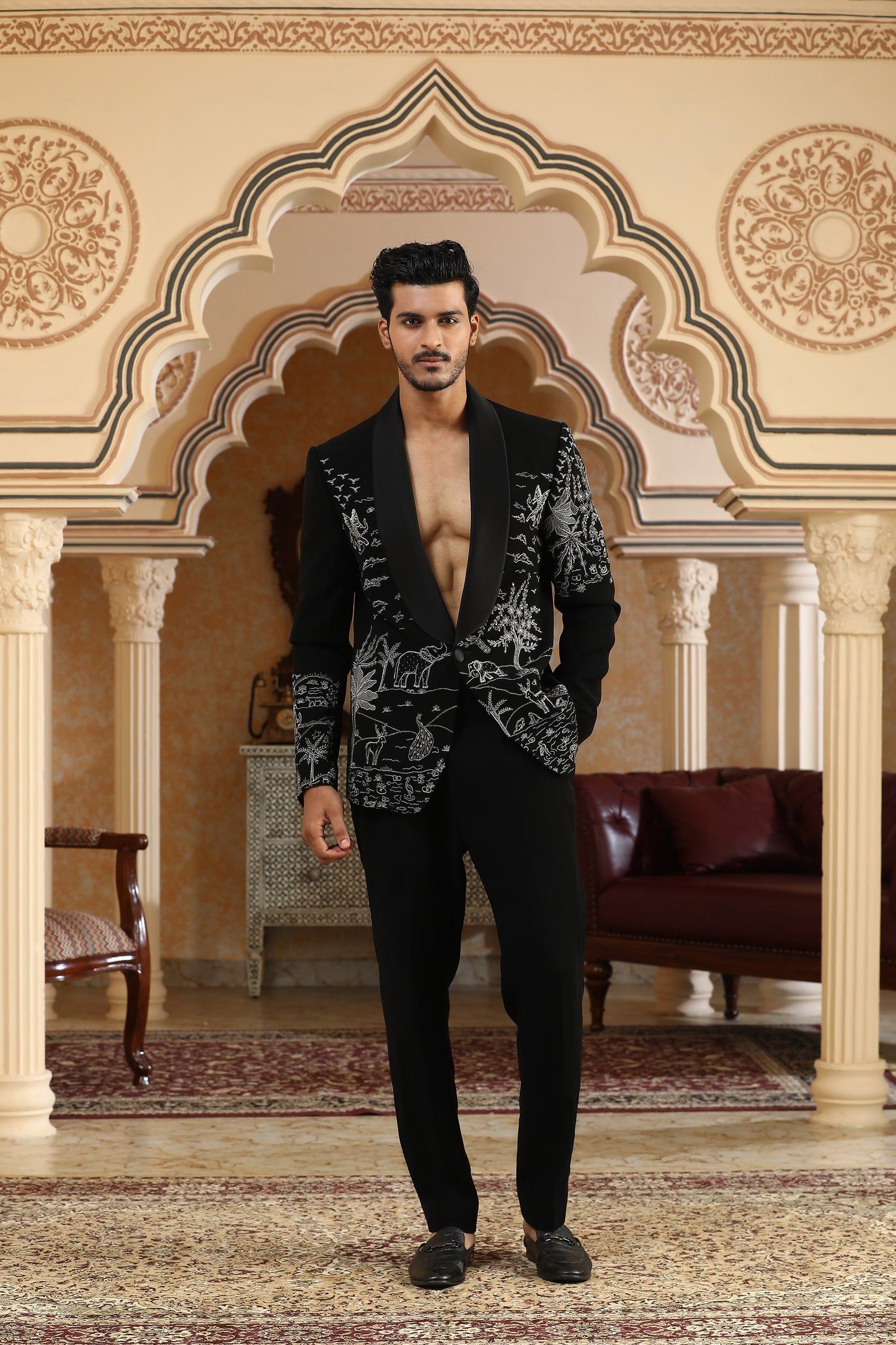 Airawat - Black Italian Silk Zardozi Embroidered Party Wear Coat Set