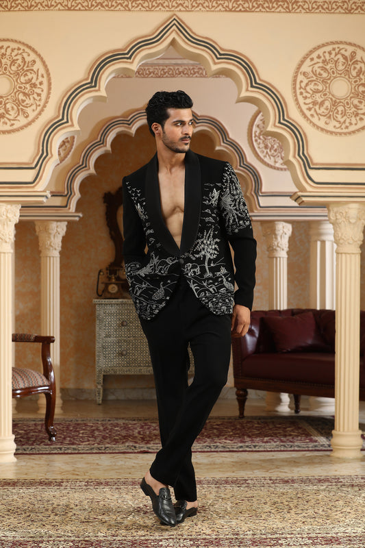 Airawat - Black Italian Silk Zardozi Embroidered Party Wear Coat Set
