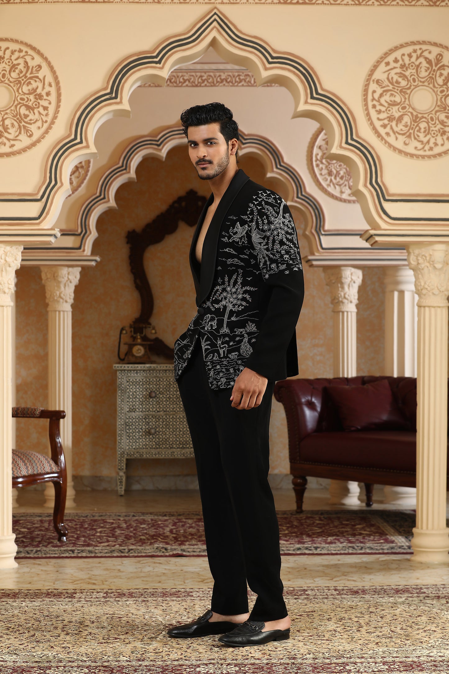 Airawat - Black Italian Silk Zardozi Embroidered Party Wear Coat Set