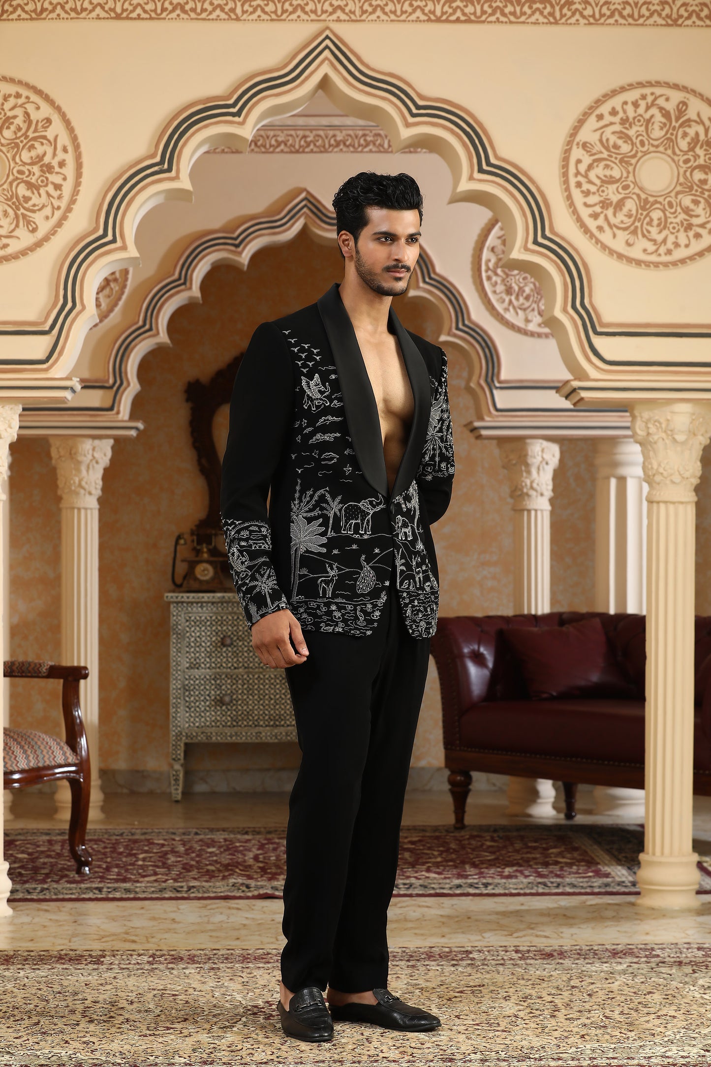 Airawat - Black Italian Silk Zardozi Embroidered Party Wear Coat Set