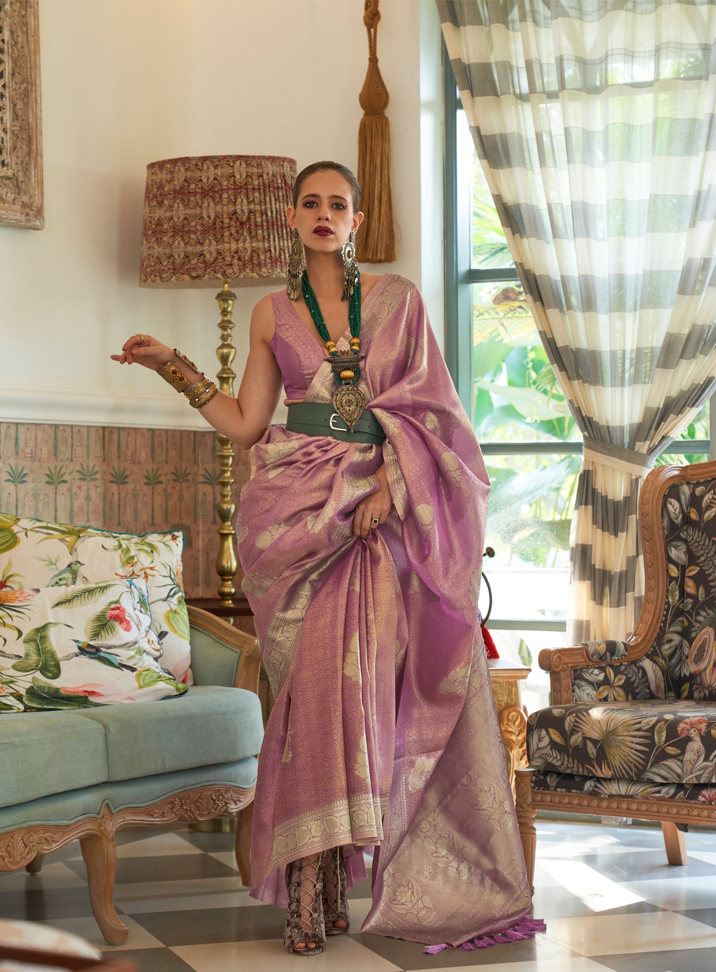 Lavender Kalki Orchid Satin Tissue Handloom Saree