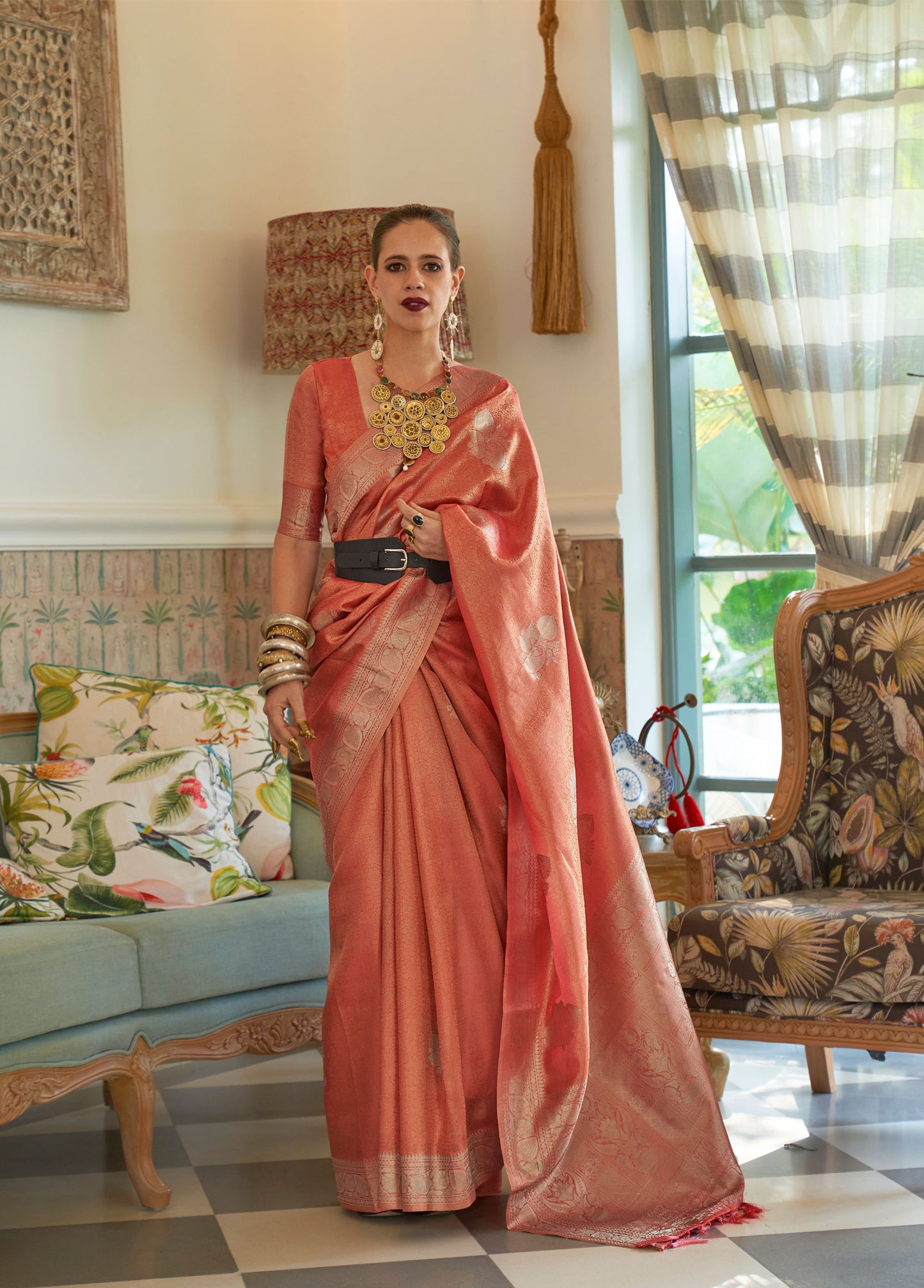 Coral Kalki Orchid Satin Tissue Handloom Saree