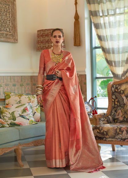 Coral Kalki Orchid Satin Tissue Handloom Saree