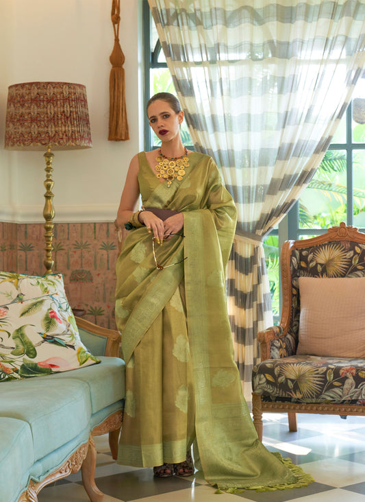 Olive Green Kalki Orchid Satin Tissue Handloom Saree