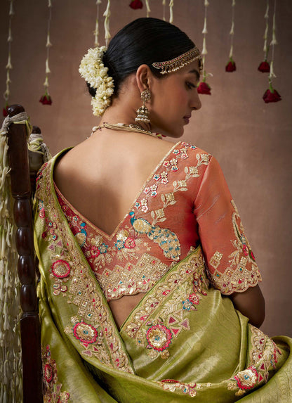 Mehendi Green Tissue Dola Silk Pearl & Mirror Embroidery Dulhan Saree