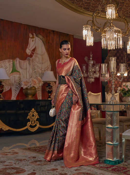 Black Multi Color Kshahida Modal Handloom Kashmiri Chaap Saree