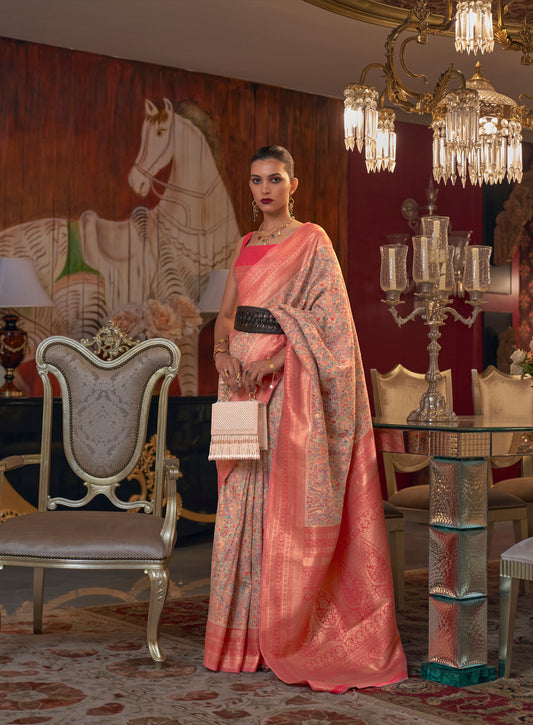 Peach and Orange Color Kshahida Modal Handloom Kashmiri Chaap Saree