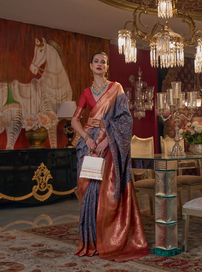 Navy Blue Kshahida Modal Handloom Kashmiri Chaap Saree