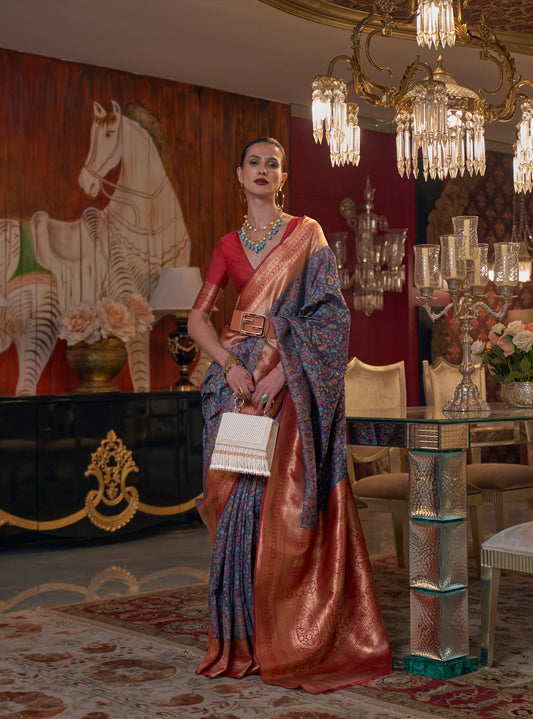 Navy Blue Kshahida Modal Handloom Kashmiri Chaap Saree