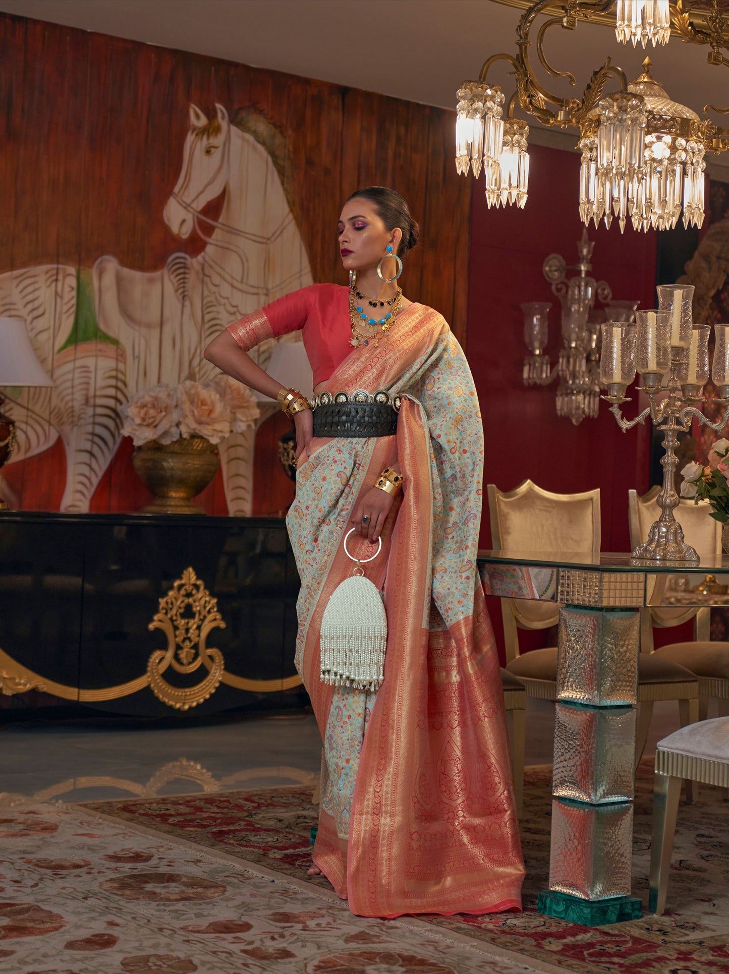 Mint Green Kshahida Modal Handloom Kashmiri Chaap Saree