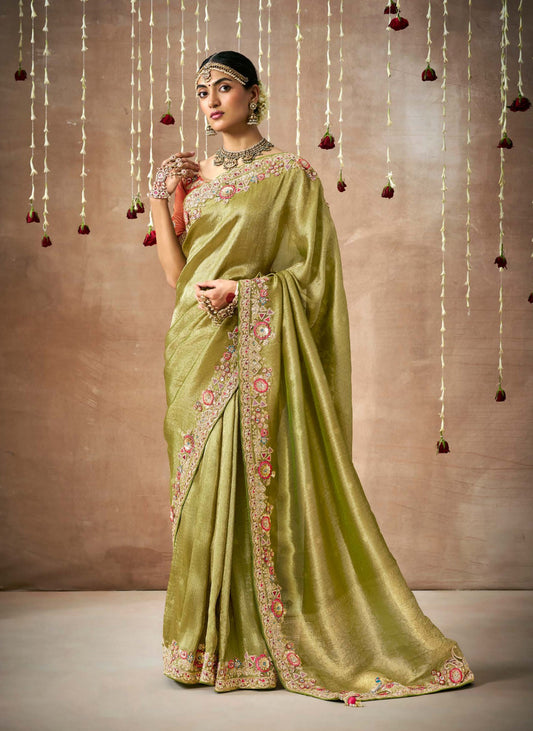 Mehendi Green Tissue Dola Silk Pearl & Mirror Embroidery Dulhan Saree