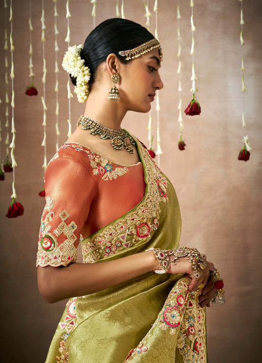 Mehendi Green Tissue Dola Silk Pearl & Mirror Embroidery Dulhan Saree