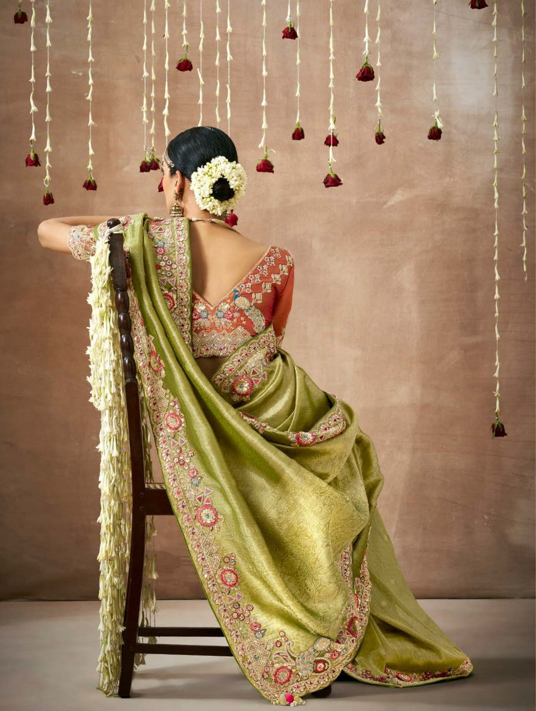 Mehendi Green Tissue Dola Silk Pearl & Mirror Embroidery Dulhan Saree