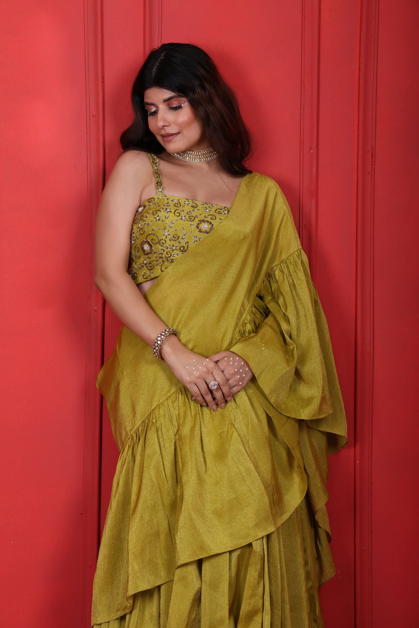 Green Lemon Ginger Hand Embroidered Blouse With Ruffle Palla Saree Set